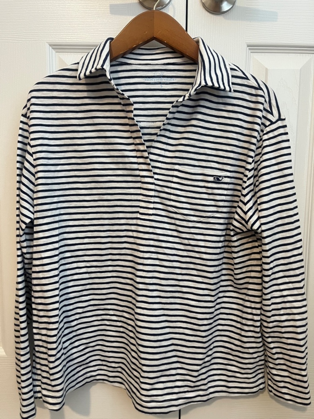 Vineyard Vines Navy and White Striped Long-Sleeve Polo